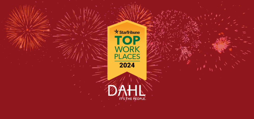 star tribune top workplaces and DAHL logo on red firework background